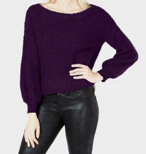 NEW $69 Bar III Women's Purple Bishop-Sleeve Fuzzy Pullover Sweater Top Size S