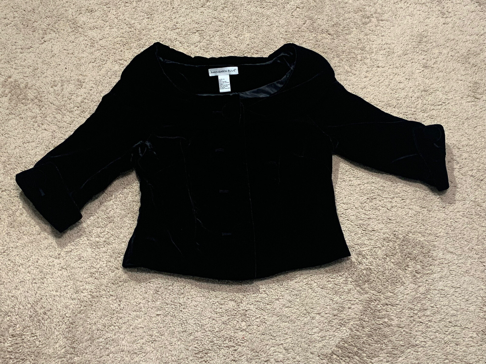 Mandarin Blue Womens Jacket Size 6 Black Velour Button Front Classic Dressy