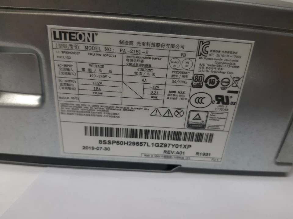 Genuine Lenovo Power Supply ThinkCentre 180 Watt  00PC774 PA-2181-2 SP50H29557 - Image 2 of 4