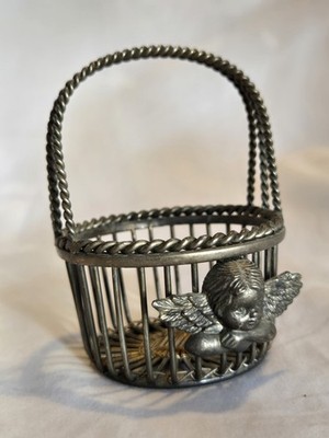 VTG Braided Silvertone Metal Basket Angel Cherub Trinket Dish Christmas Decor