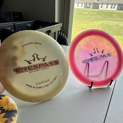 Dynamic Discs Lucid Trespass Distance Driver 12 5 -0.5 3 Pink/Clear LOT 2 NO INK