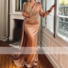 Luxury Dubai Champagne Mermaid Evening Dress Pearl Crystal Long Sleeve Ball Gown