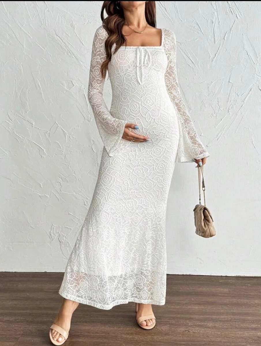 slim fit dress slacks Angel Maternity Bella White Floral Print Maternity Dress for Baby Shower or A Party