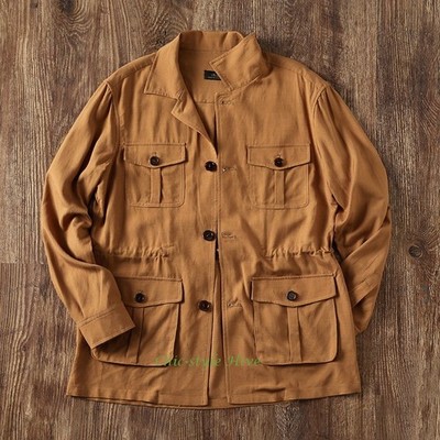 Men 100% Linen Coat Safari Jacket Multi Pockets Hunting Coat Casual Outdoor Tops