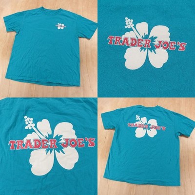 TRADER JOES Hibiscus flower logo staff crew worker employee t-shirt MEDIUM tag