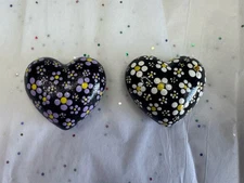 Artisan Hand Painted Handmade Stone Rock 2 Small Hearts Flowers Lavender/White A