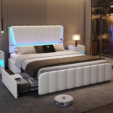 Queen Bed Frame with Headboard and 4 Drawers, White Platform Bed with Led Light
