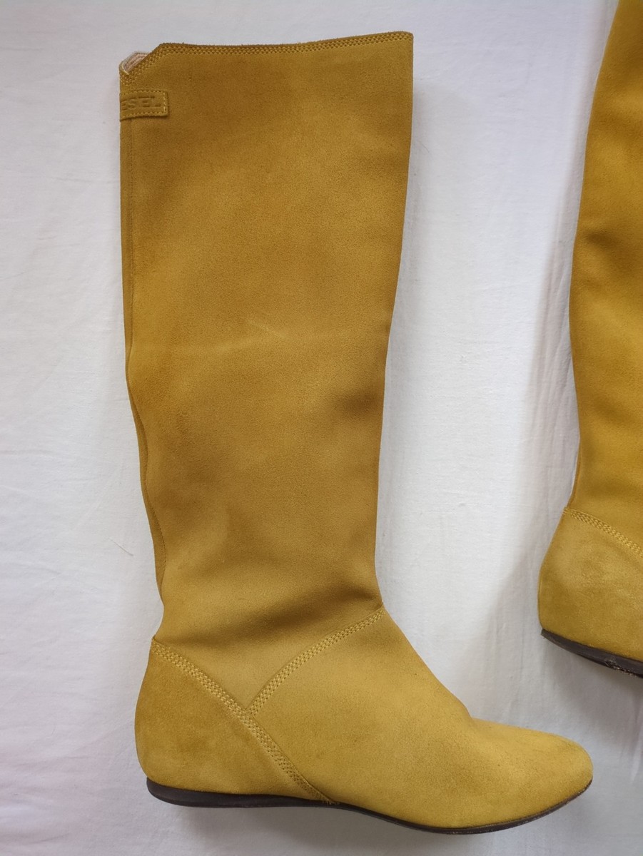 Women's Genuine Leather Suede Mustard Yellow Tall Flat Boots