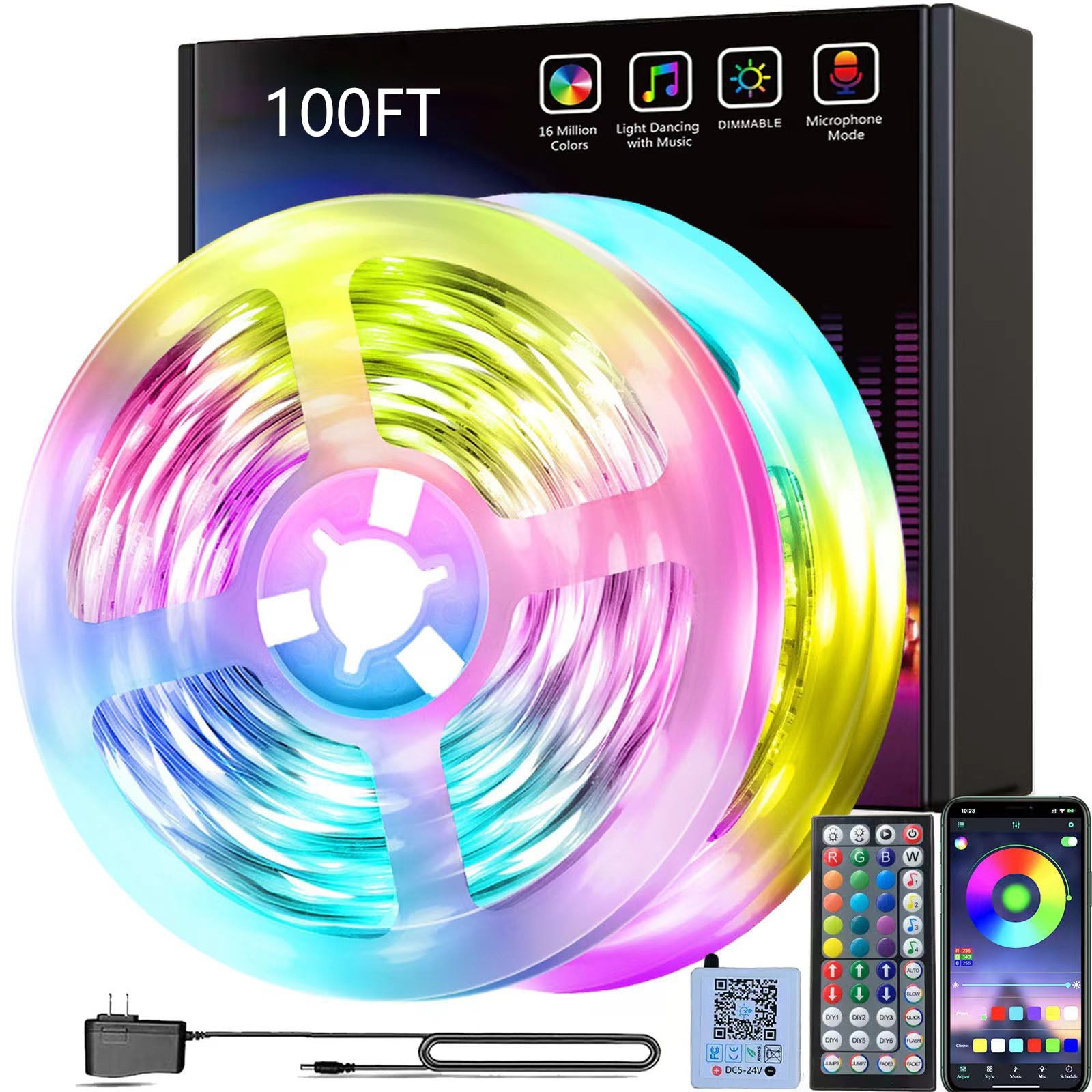 100ft LED Strip Lights for Bedroom - 2 Rolls of 50ft Color Changing RGB Lights
