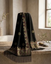 Handemade Embroidered Black Shawl Floral Fringe Wrap Boho Ethnic Scarf For Women
