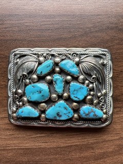 Vintage Native American Indian Sterling Silver & Turquoise Belt Buckle Navajo