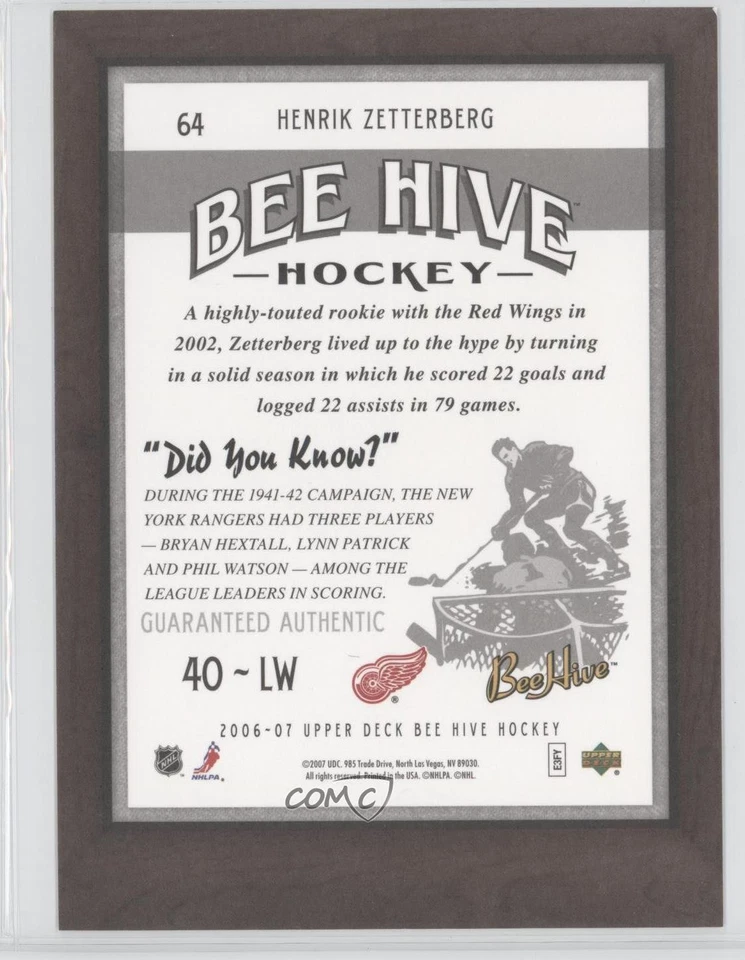 2006-07 Bee Hive 5x7 Facsimile Signature Variation Henrik Zetterberg #64 Auto - Image 2 of 2