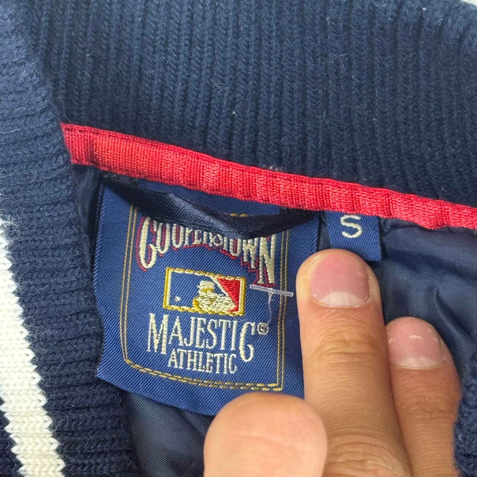 Majestic Cooperstown Boston Red Sox MLB Varsity Jacket Mens Small Navy Red Satin image 4