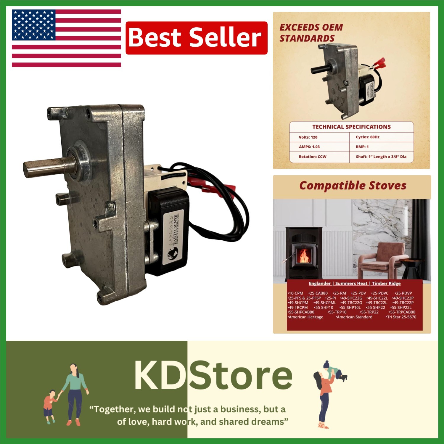 Pellet Stove Auger Motor Replacement 1 RPM Counter-Clockwise Top & Bottom Feed