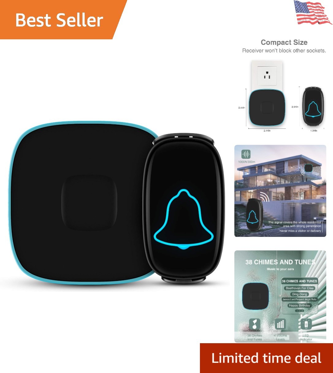 Wireless Waterproof Doorbell with 1000ft Range and 38 Melodies for Home Security-image