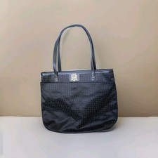 Tommy Hilfiger Black Tote EUC Shoulder Bag Outside Pocket TH Gold Logo