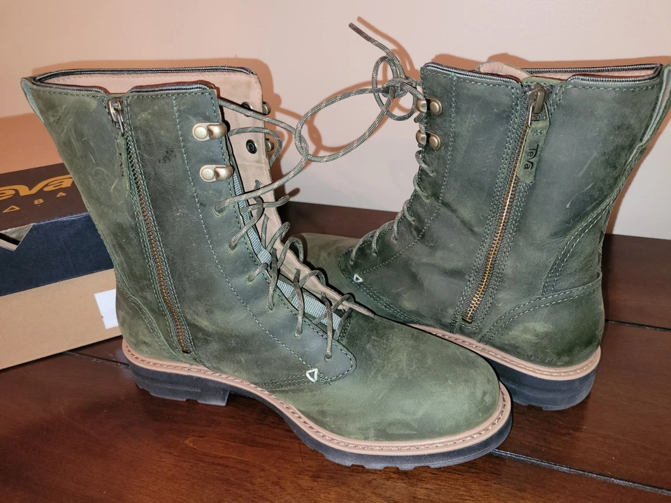 Botas femininas Teva Rowena de couro verde com cadarço tamanho 9 - Imagem 2 de 4