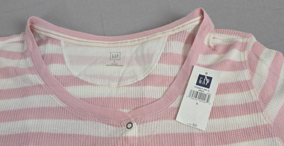 Gap Ribbed Snap Henley Cap Sleeve Top Pink/White Stripe Large Classic Casual NWT
