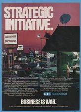 1987 GTE Spacenet Fire Power car dealerships dish Business is war McLean VA ad