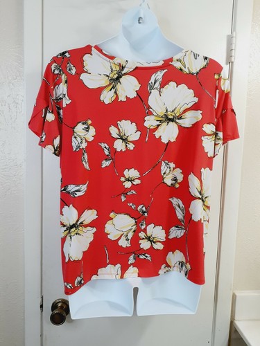 Worthington Petite XXL Bright Salmon Floral Short Flutter Sleeve Blouse Tunic - Picture 3 of 8