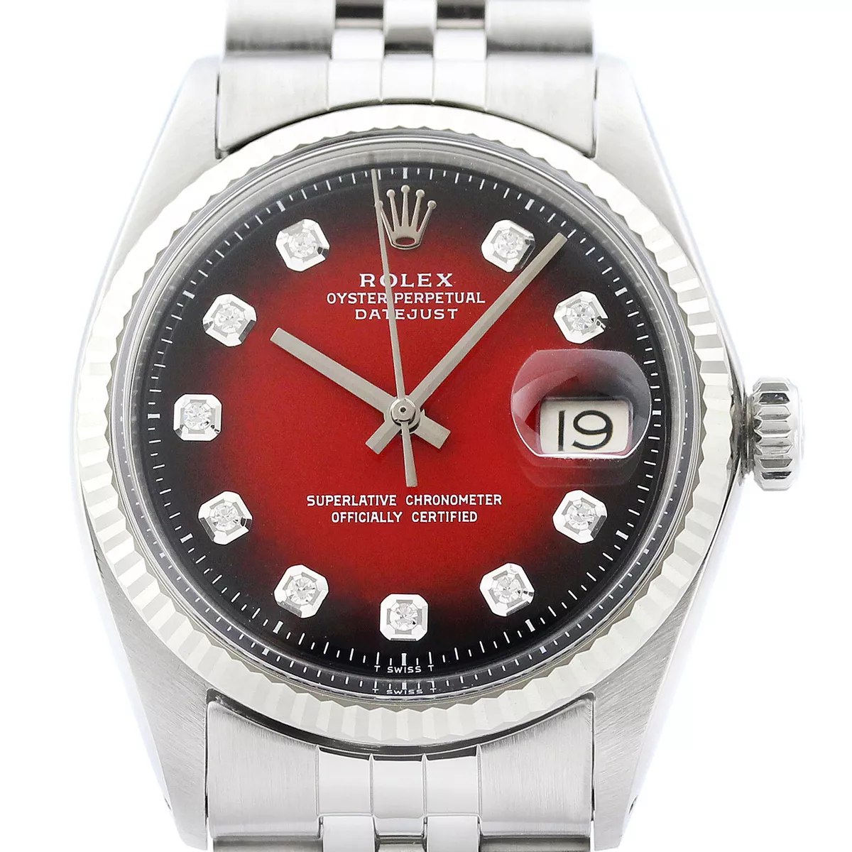 Rolex Mens Datejust Red Vignette Diamond Dial 18K Gold Steel Watch