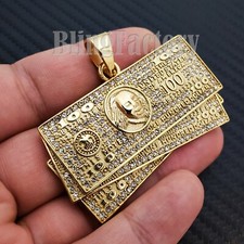 Stainless Steel Cubic Zirconia Hundred Dollar Bill Money Gold Plated Icy Pendant