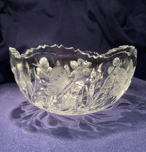 Pairpoint American Brilliant Cut Crystal Bowl Daisy Butterfly Sawtooth Rim RARE