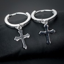 White Gold Plated Men's Sterling Silver Dangle Drop Cross Huggie Hoop Earrings