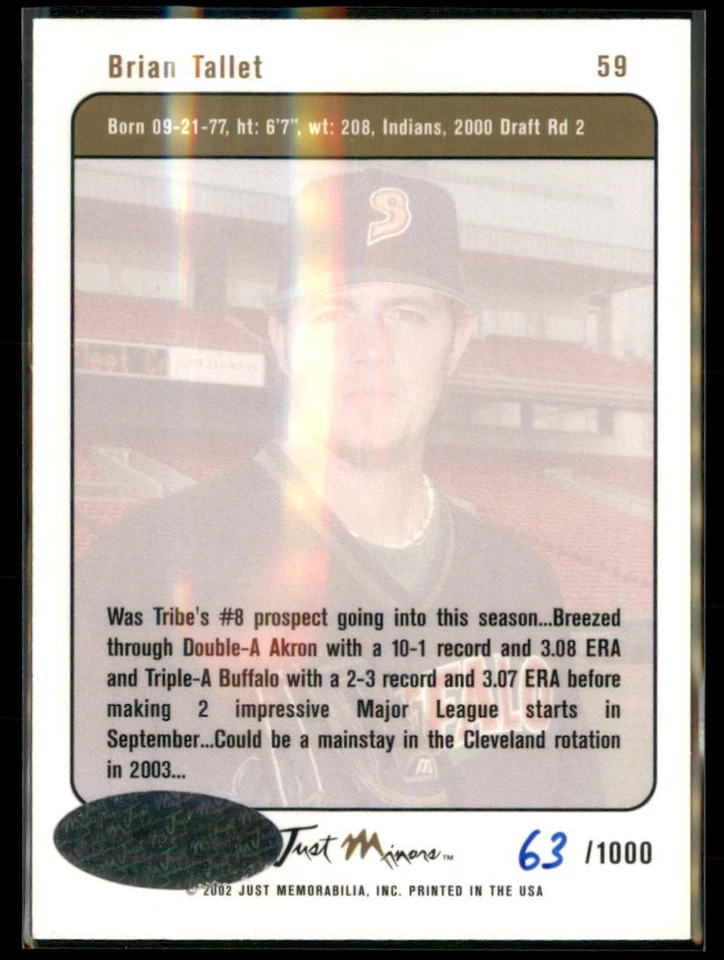 2002 Just Minors Brian Tallet Indians 59 Auto /1000 - Image 2 of 2