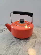 Vintage Orange Flame MID CENTURY MODERN French Enamel Kettle Square knob Atomic