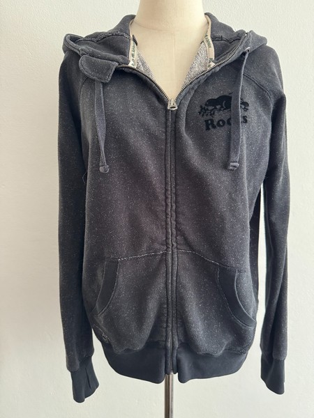 Roots Canada Black Zip Up Hoodie Kangaroo Pocket Casual Athleisure Thumb Hole M