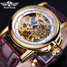 NEW Womens Automatic Transparent Skeleton PU Leather Band Ladies Watch Gift Idea
