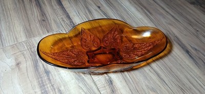 Vintage Anchor Hocking Renaissance Leaf Amber Glass Oval Relish Celery Dish
