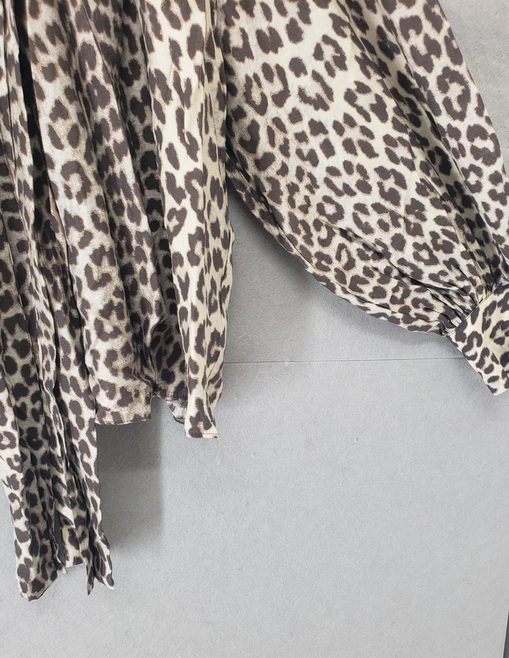 Blusa H&M Mujer Grande Marrón Estampado Leopardo Manga Larga Boho Hippie Plisada Top Foto 4 de 4