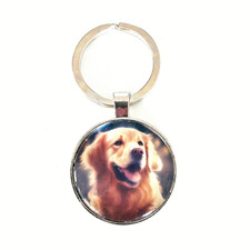 Golden Retriever Keychain, Unisex, Glass Cabochon, Smiling Dog Silver Tone Gift