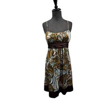 Intrigue Brown Y2K Teal Abstract Leaf Print Empire Waist Tie Back Dress Size 4