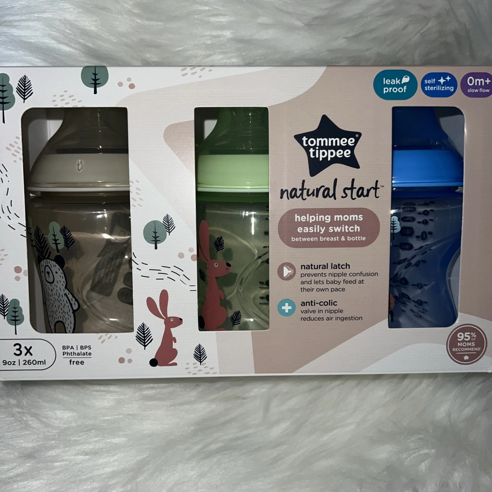 Tommee Tippee Natural Start Anti colic 9oz Slow Flow 0m+ Bottles Leak Proof 3pk
