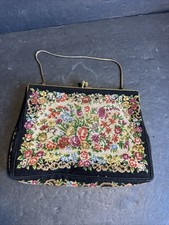 Vintage Petit Point Embroidered Purse Evening Bag Floral Design Roses Gold R20