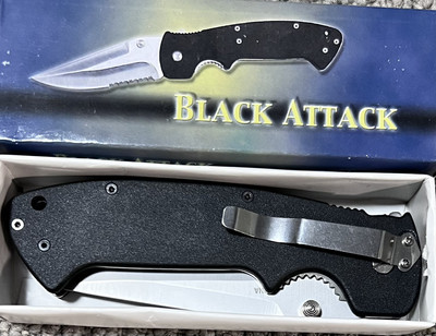 Black Attack 5 3/8'' Folding Knife ONE-HAND FLIPOUT/INTERLOCK POCKET/BELT CLIP