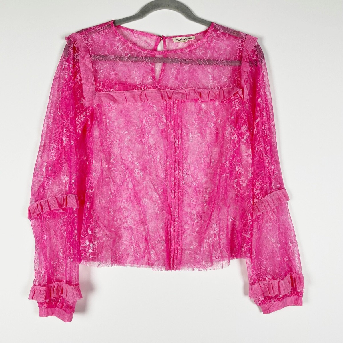 For Love And Lemons Sheer Pink Allover Lace Ruffle Long Sleeve 