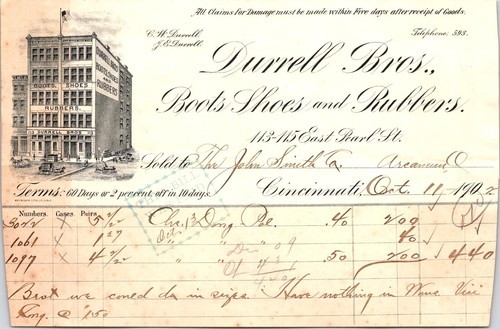 Durrell Bros Cincinnati Ohio 1902 Billhead Stiefel Schuhe & Gummis