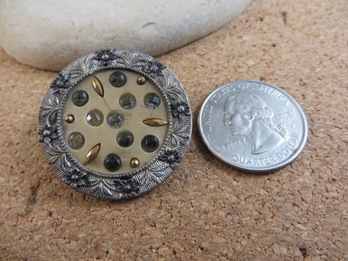 Vintage Silver-tone Metal Button Jeweled Center Plant Flower Leaf Rim 33mm #71 - Picture 6 of 11