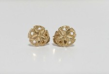 14K Yellow Gold Sand Dollar Pierced Stud Earrings Textured Signed Beachy
