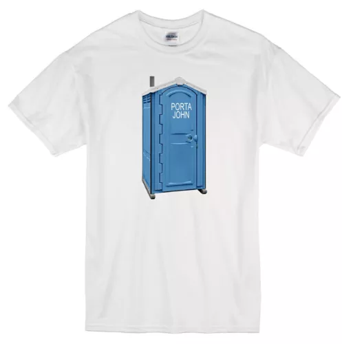 PORTA JOHN POTTY JON OUTSIDE PORTABLE TOILET CRAPPER FUNNY SPOOF WHITE T-SHIRT