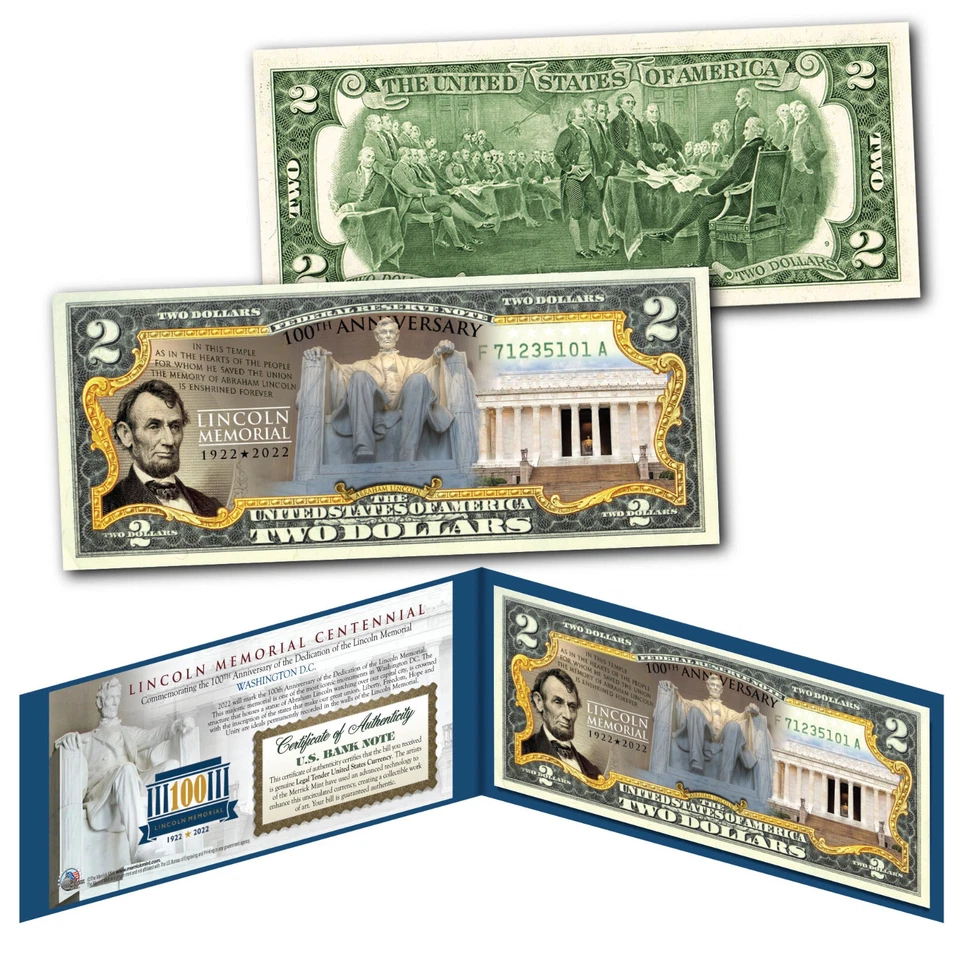LINCOLN MEMORIAL 100th Anniversary CENTENNIAL 1922-2022 Official U.S. $2 Bill - Image 3 of 3