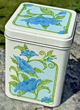 Vtg Storage Tin Art Nouveau Style Blue Floral Morning Glory Vines Decorative