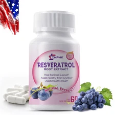 Resveratrol Capsules Supplement 1200mg, Support Cellular Energy, Aging Defense