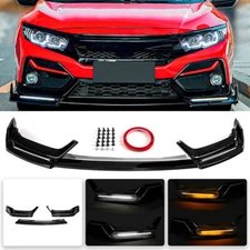 FOR 17-21 HONDA CIVIC Si & HATCHBACK BLZ STYLE LED FRONT BUMPER LIP GLOSS BLACK