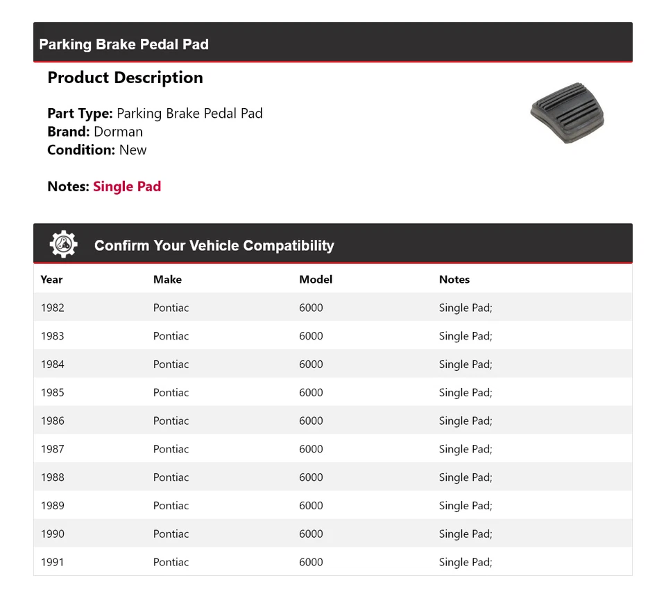Pastilla de pedal de freno de estacionamiento para Pontiac 6000 Dorman 1982-1991 1983 1984 1985 1986 Foto 2 de 4