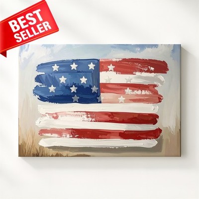 Wall Art Rustic Wave Bold Hand Painted Flag Brushstroke Americana Versi Canvas